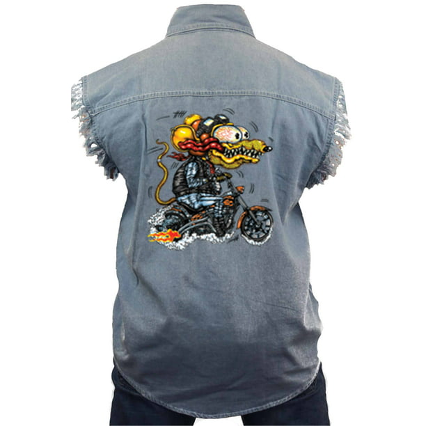SHORE TRENDZ Mens Sleeveless Denim Shirt Crazy Biker Rat Biker Vest 